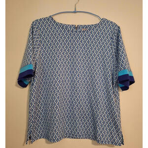 Chico's 2 Women's Size Large Blue White Geometric Zipper Back Short Sleeve Shirt